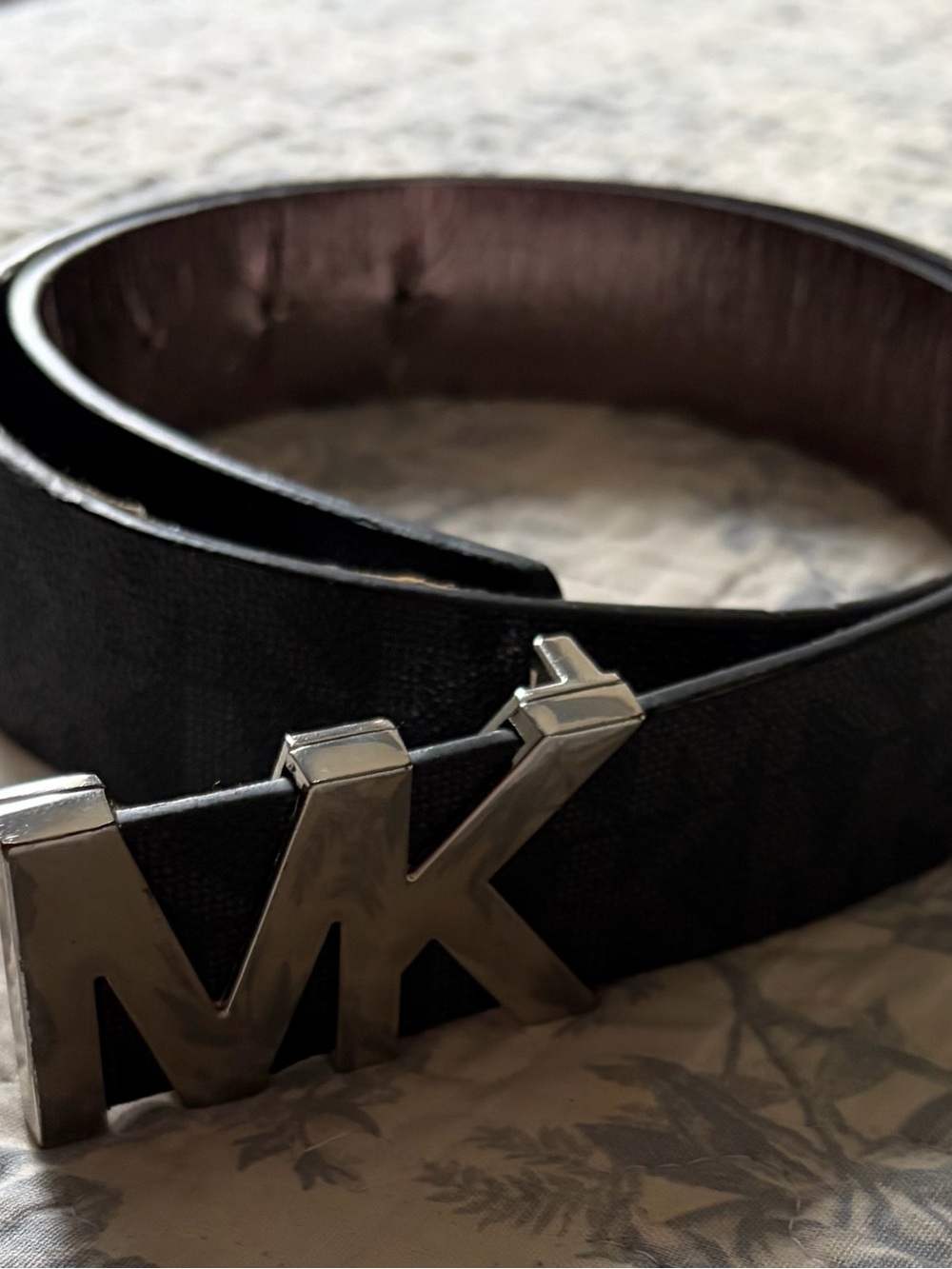 Michael Kors Black Brown Men’s M Logo Belt with Silver MK Buckle